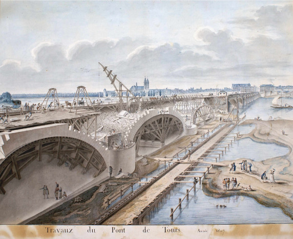 Travaux de reconstruction, en 1807, des arches du pont de Tours emportées par la crue en 1798, dessin aquarellé de l’ingénieur Vallée. DF To 263
